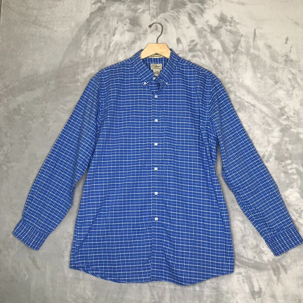 L.L. Bean Shirt Mens Large Blue White Plaid Wrinkle Resistant Long Sleeve Cotton
